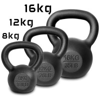 Kettlebell żeliwny 16kg 12kg 8kg czarny kettle ZESTAW 36kg kula do ćwiczeń