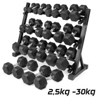 Zestaw hantli hex gumowanych 2x2,5kg - 2x30kg ze stojakiem SOLIDNE 390kg