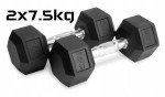Hantle stałe 2x7,5kg żeliwne gumowane ZESTAW 15kg HEX do treningu SOLIDNE