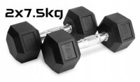 Hantle stałe 2x7,5kg żeliwne gumowane ZESTAW 15kg HEX do treningu SOLIDNE